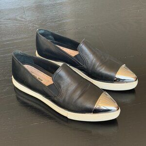 Vintage Miu Miu Black Leather Silver Toe Cap Pointed Shoes